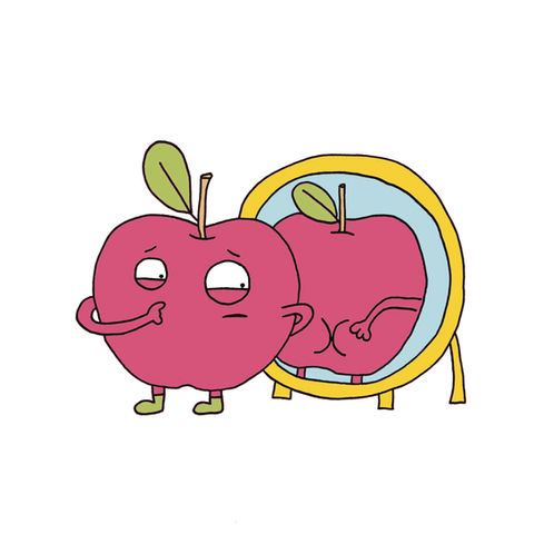 Cartoon apple sadly looking at its reflection in a mirror.