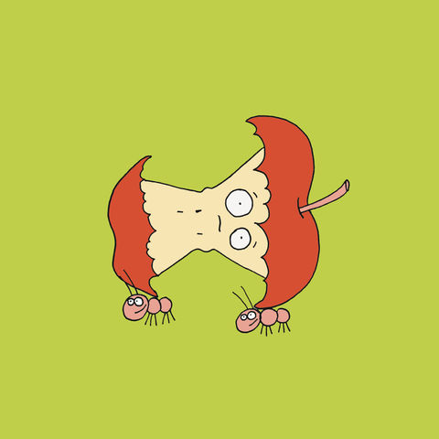 Animated apple core with a face, worm, and two small ants.