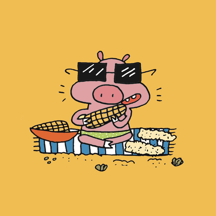Cartoon pig in sunglasses eating corn on the cob at beach.
