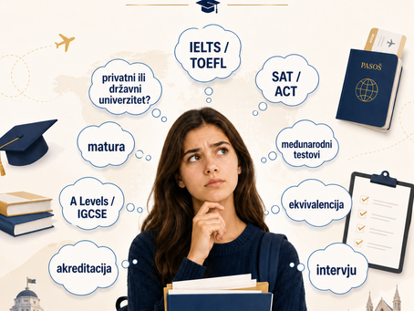 Grafika za blog post o izboru pravih ispita za univerzitetske prijave, koja prikazuje studenta kako provjeravaju uslove za IELTS, TOEFL, SAT, ACT, maturu, International A Levels, školske diplome i posebne dokumente potrebne za određene programe.