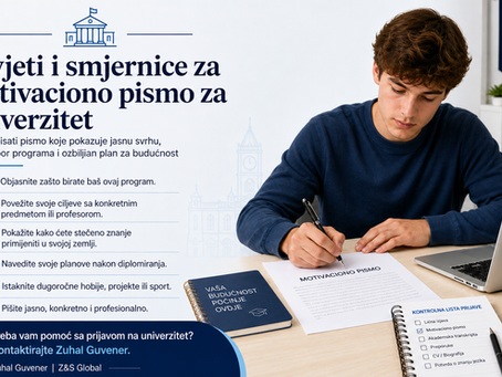 Grafika za blog post o motivacionom pismu za univerzitet, koja prikazuje studenta kako piše prijavni dokument, uz kontrolne tačke o uklapanju programa, konkretnim primjerima, budućim ciljevima i dugoročnoj posvećenosti.