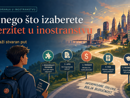 Široki ilustrovani baner prikazuje tinejdžera koji gleda prema osvijetljenom gradskom horizontu do kojeg vodi vijugavi put. Duž puta je prikazano šest tačaka za provjeru prije studiranja u inostranstvu: odgovarajući program, upis, troškovi, viza, priznavanje diplome i Plan B. Grafika uključuje muzičke simbole, mikrofon i gudački instrument, što sugeriše kreativni studijski san. Glavni tekst glasi: “Prije nego što izaberete univerzitet u inostranstvu” i “Svaki san traži stvaran put.”