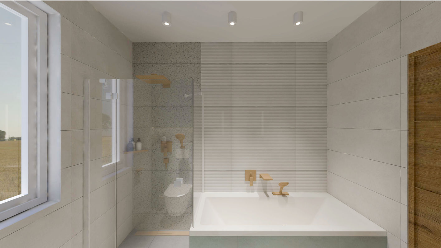 Supergres H.24 Fürdőszoba látványterv Pasztellzöld burkolat , 3d-s felületek és csillogó terazzo csempe , szálcsiszolt bronz színű Hansgrohe Metropol csaptelep