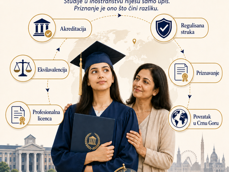 Grafika za blog post o priznavanju diplome nakon studiranja u inostranstvu, koja prikazuje studenta sa diplomom dok roditelji provjeravaju pitanja o akreditaciji, ekvivalenciji, profesionalnom licenciranju, regulisanim profesijama i tome da li se diploma može koristiti nakon povratka kući.