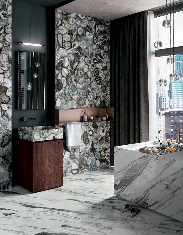 Mirage Wanderlus egzotikus márvány hatású burkolatok kék fekete barna és szürke színekben exclusive lakásokban
