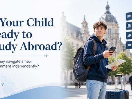 Graphic for a blog post titled “Is Your Child Ready to Study Abroad?” showing a student with a backpack and map on a university campus, with signs for campus, library, student centre, and accommodation. The image highlights the skill of navigating a new environment independently.