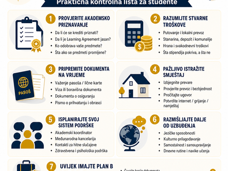 Grafika za blog post o pripremi za studiranje u inostranstvu ili mobilnost, koja prikazuje studentsku kontrolnu listu sa dokumentima, smještajem, budžetom, akademskim priznavanjem, kontaktima za podršku i rezervnim planiranjem.