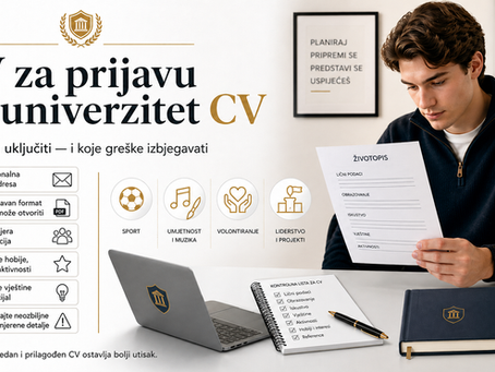 Grafika za blog post o CV-ju za univerzitetsku prijavu, koja prikazuje kontrolnu listu za studentski CV sa stavkama o profesionalnoj email adresi, čitljivom formatu, relevantnim aktivnostima, hobijima, sportu, projektima i jasnim informacijama za prijavu.