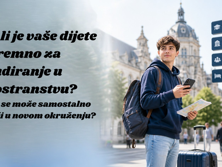 Grafika za blog post pod naslovom “Da li je vaše dijete spremno za studiranje u inostranstvu?”, koja prikazuje studenta sa rancem i mapom u univerzitetskom okruženju. Slika naglašava važnost samostalnog snalaženja u novom okruženju.