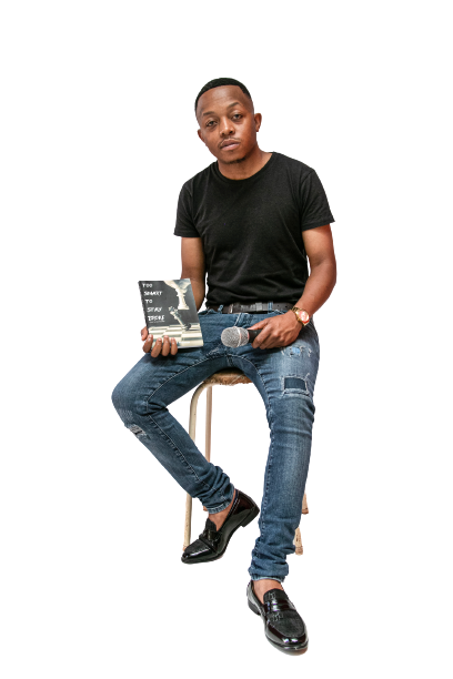 Njabulo Mabanga with his book and a microphone