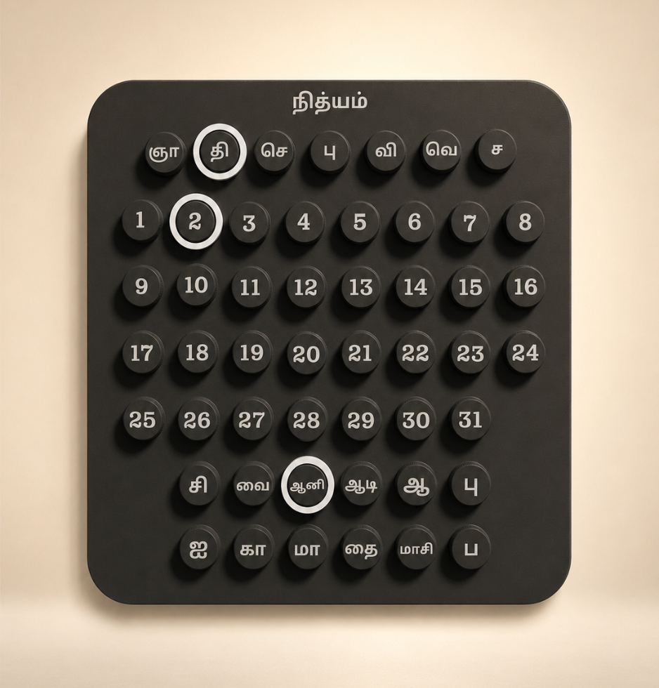 Nithyam Arambh Tamil Edition handcrafted perpetual calendar in Dusk