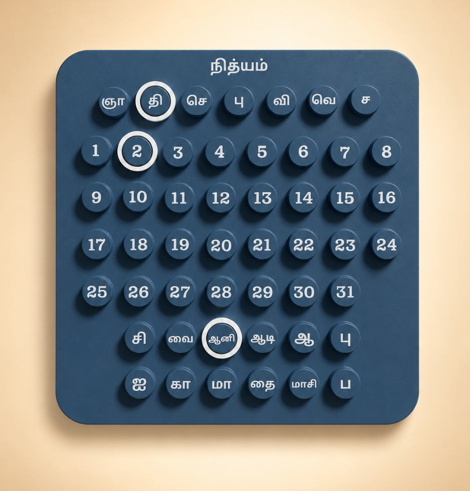 Nithyam Arambh Tamil Edition handcrafted perpetual calendar in Monsoon