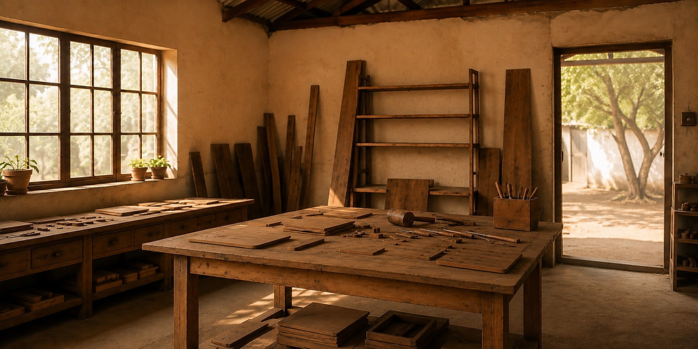 Nithyam's woodworking studio and workshop in Karamadai, Coimbatore