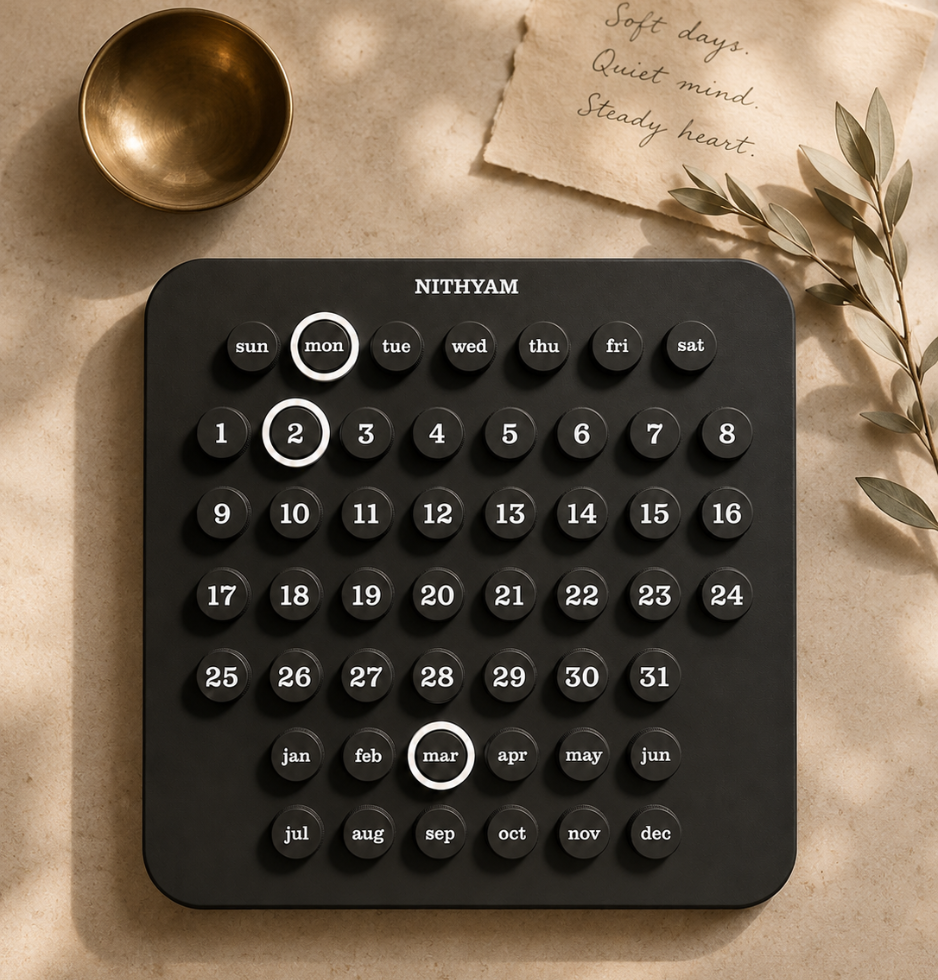 Dusk painted surface and wood grain detail on Nithyam Pratham English Edition perpetual calendar