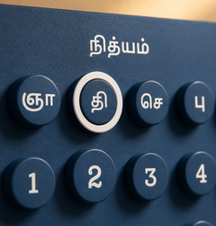 Close-up of recycled PET bottle cap knob on Nithyam Arambh Tamil Edition calendar in Monsoon