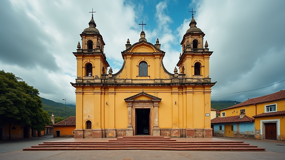 Wide angle view of colonial church facade in Ouro Preto