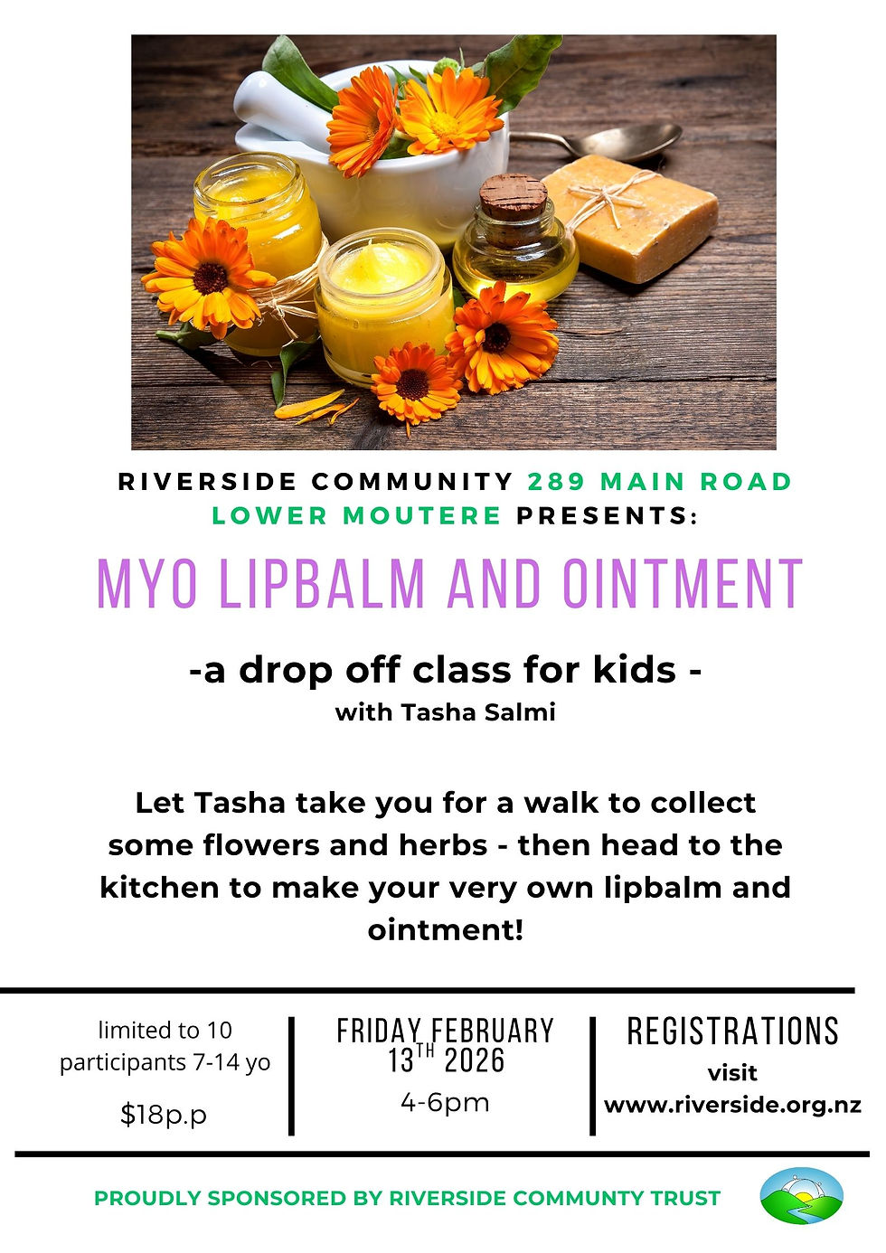 MYO lipbalm and ointment workshop for kids at Riverside, poster