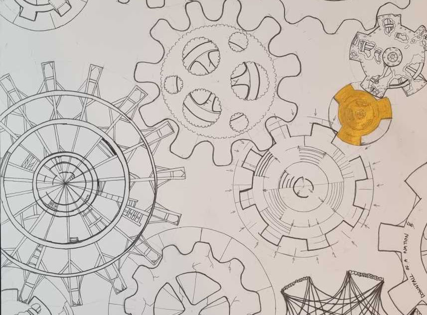 A series of cogs in need of repair, with one golden cog