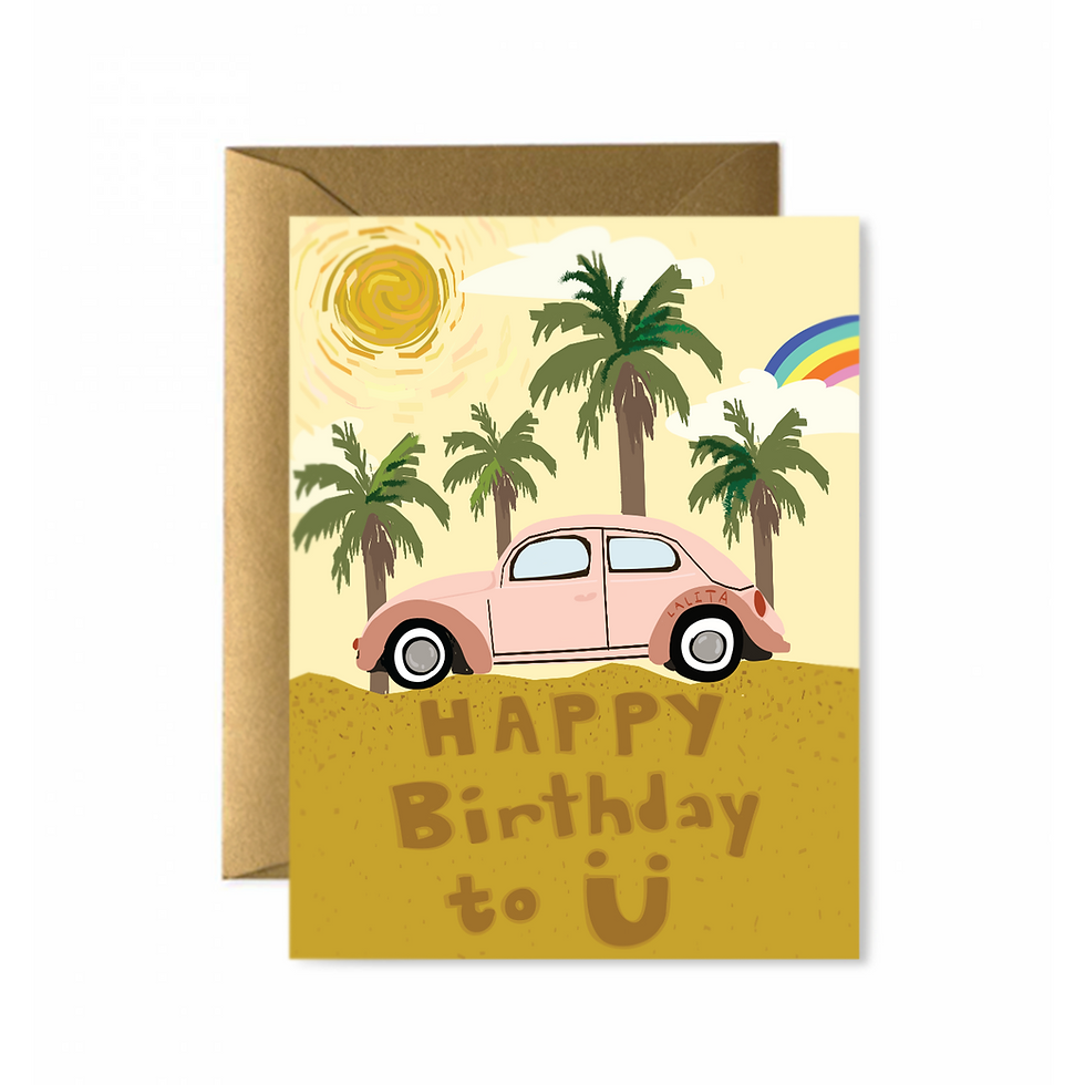 Pink car birthday card with Happy Birthday to U message, Blue Floral Birthday Greeting Card.
