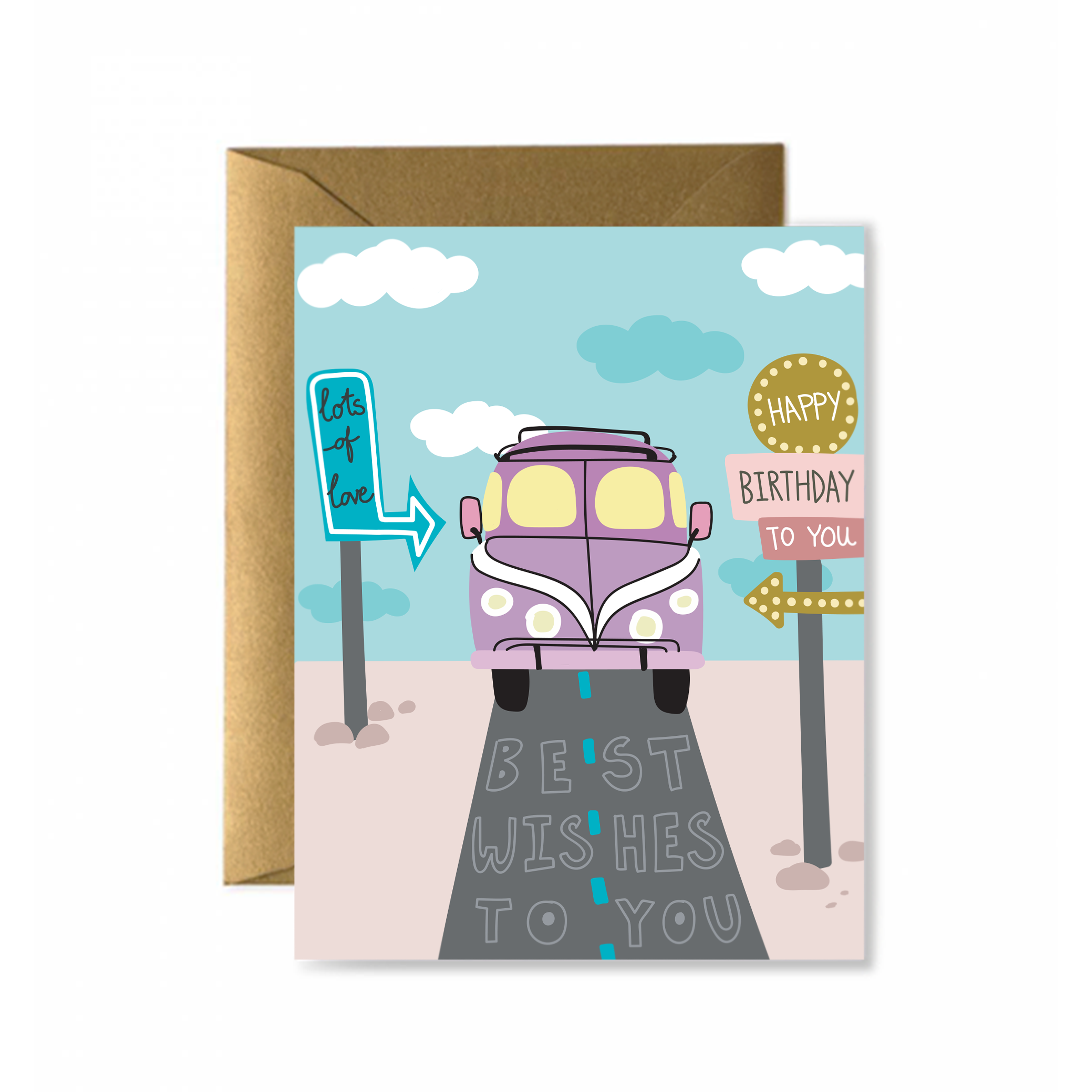 Purple van on road with 'Best Wishes To You' text, Blue Floral Birthday Greeting Card.