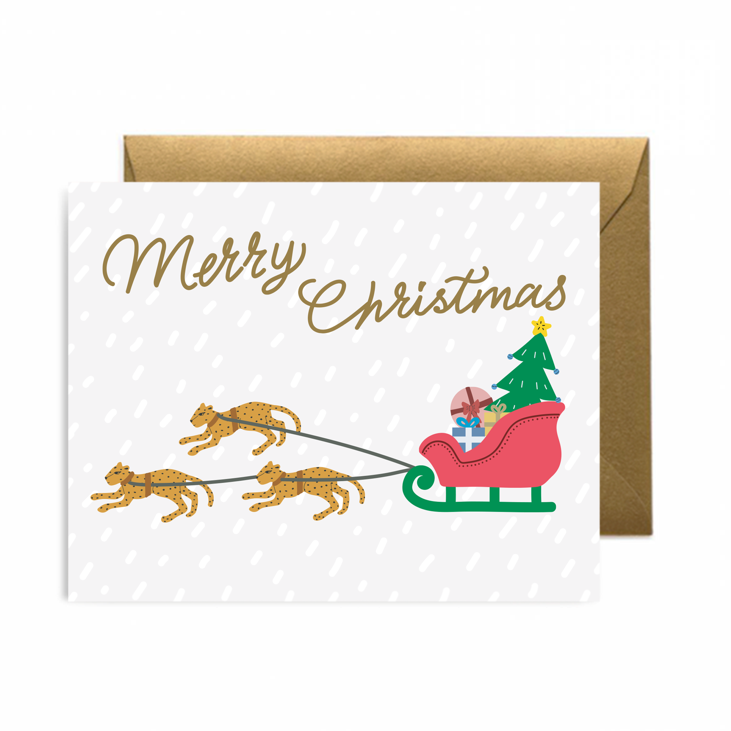 Merry Christmas card with cats pulling a sleigh with gifts for the season