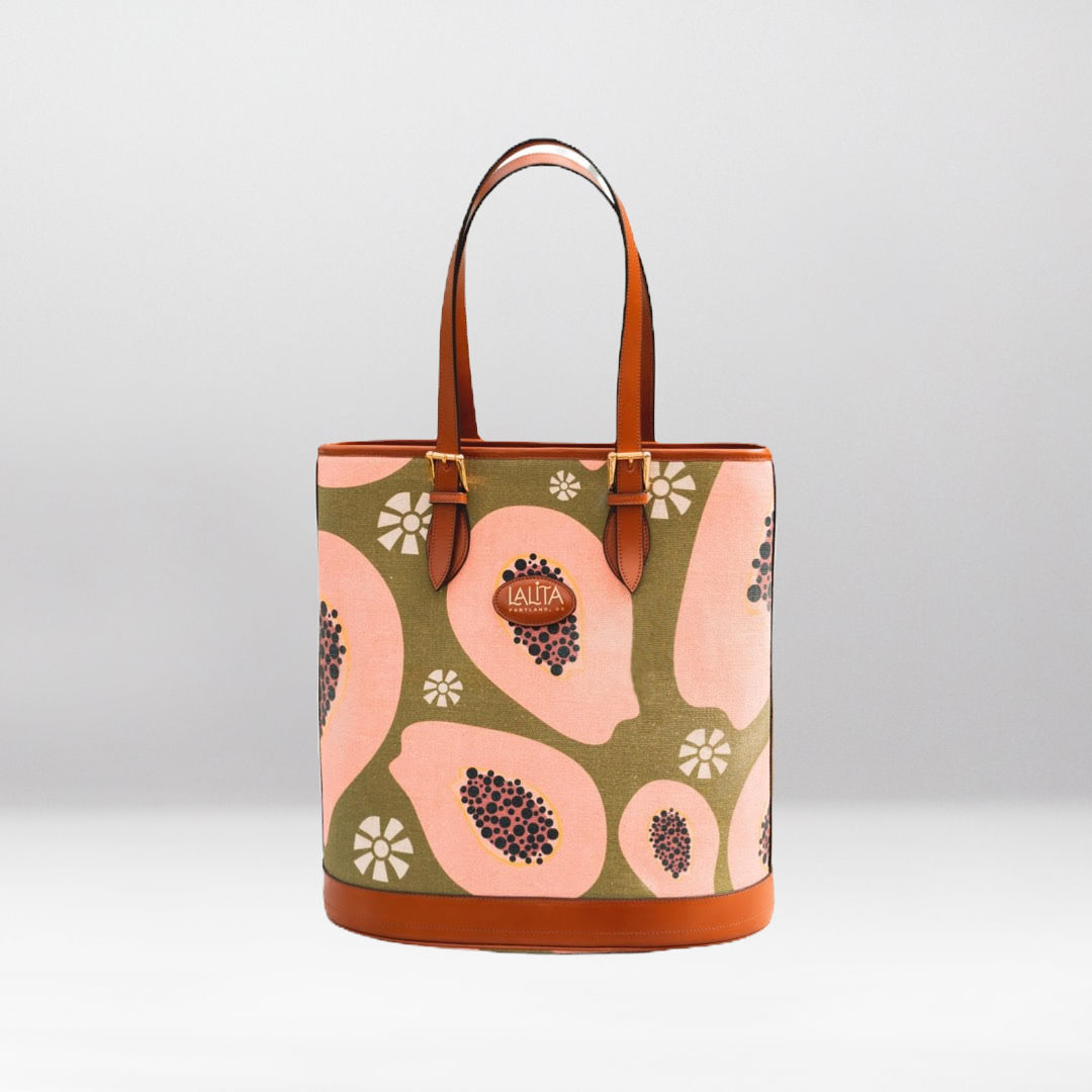 Tote bag with papaya design, LALITA genuine leather handbag, olive green background.