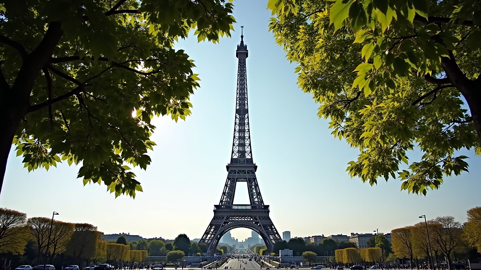 Eye-level view of the Eiffel Tower framed by trees