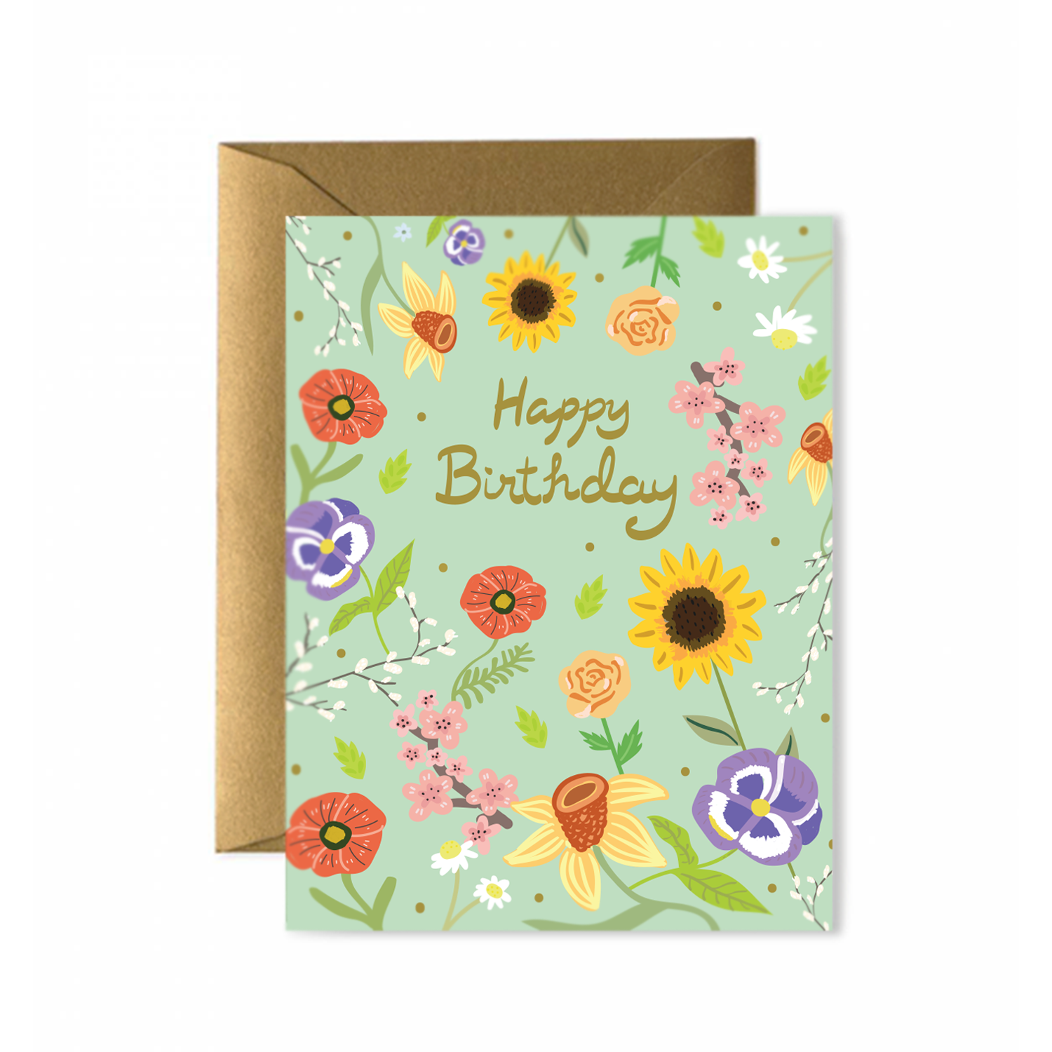Floral birthday greeting card with Happy Birthday text, Blue Floral Birthday Greeting Card