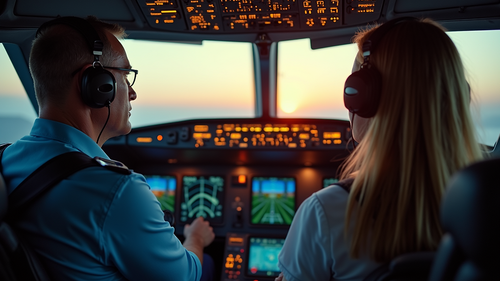 Eye-level view of a flight instructor demonstrating cockpit controls