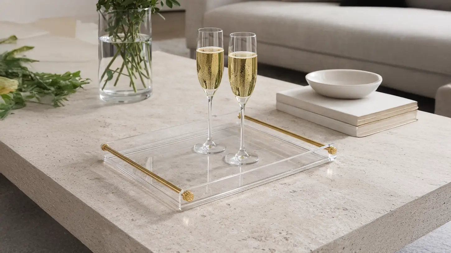 Şampanya ikramı için şeffaf akrilik pleksi tepsi