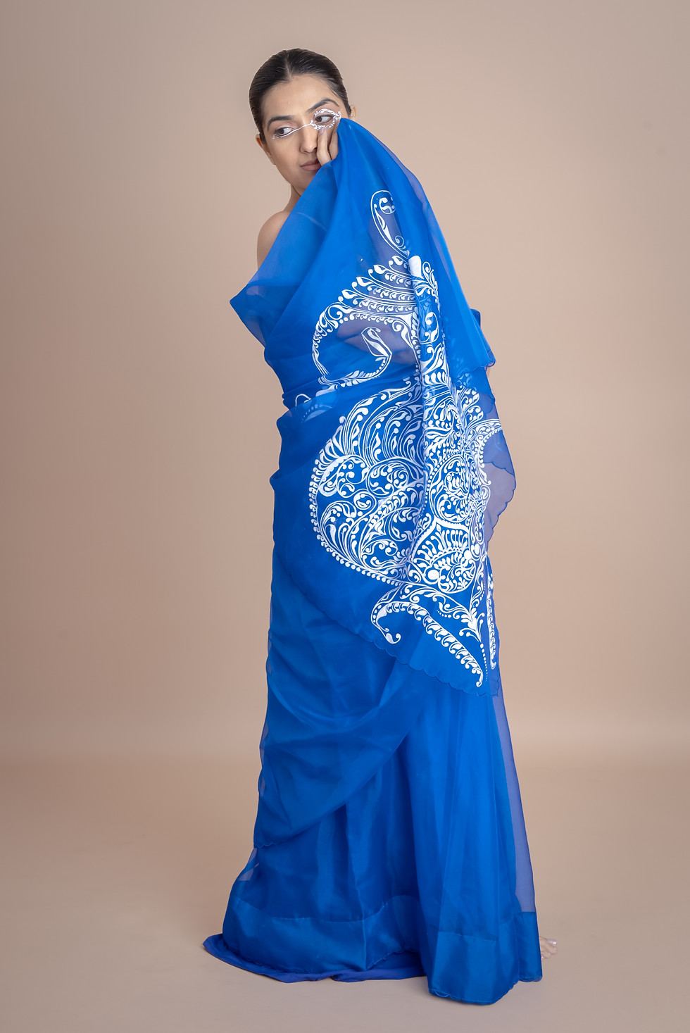 Thumbnail: Blue Hand Painted Organza Saree
