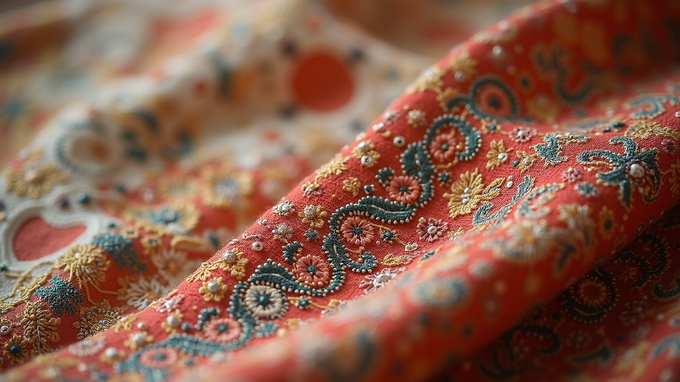 Close-up view of a handwoven embroidered kurta fabric with intricate patterns