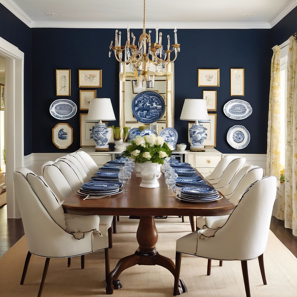 dining room with navy blue and white plates, walls are white.jpg