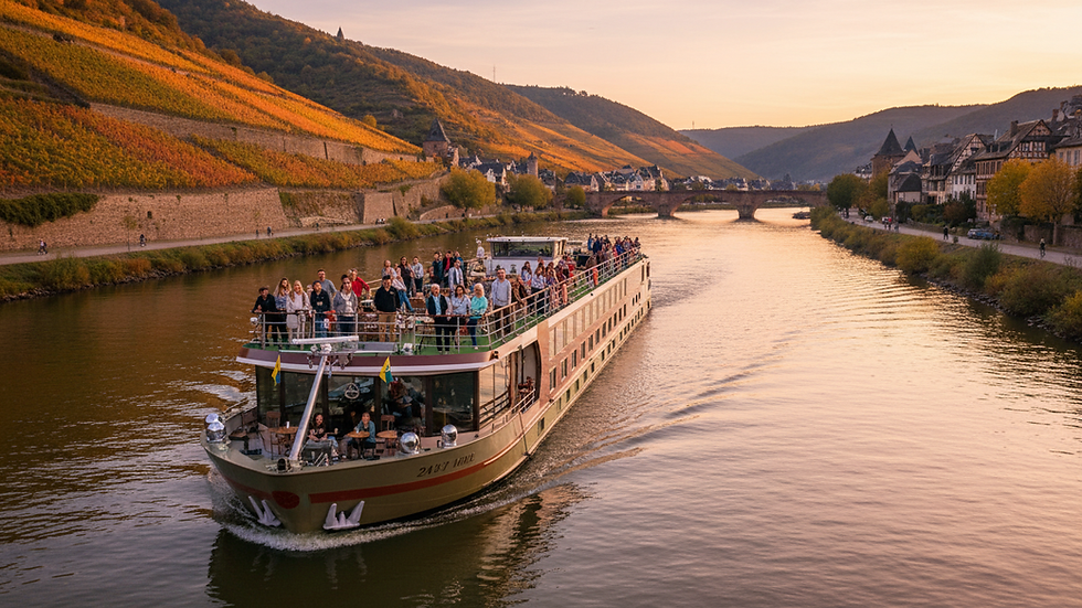 Eye-level view of a river cruise ship sailing through a scenic European waterway