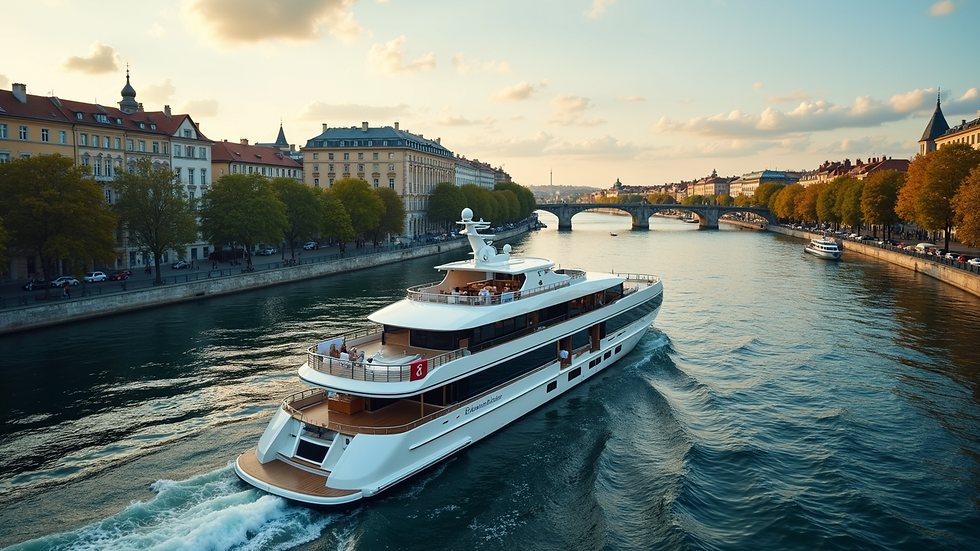 High angle view of a luxury river cruise ship sailing through a European city