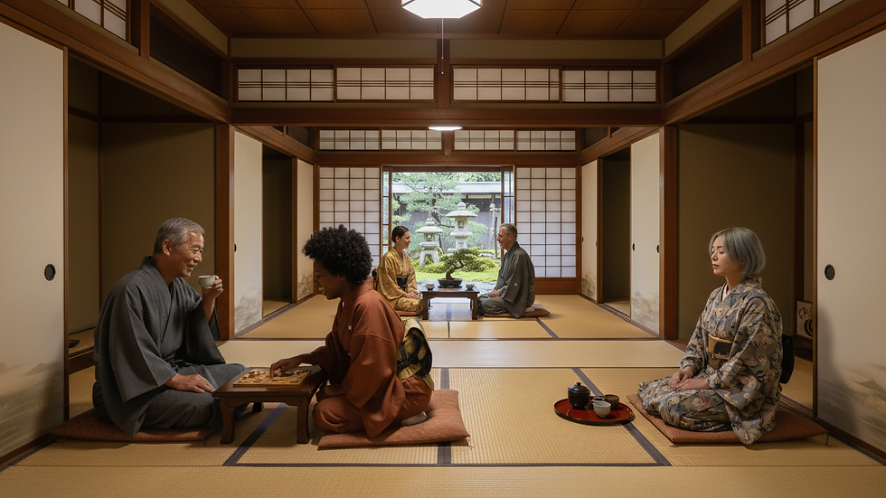 Eye-level view of a traditional Japanese ryokan with tatami mats and shoji screens