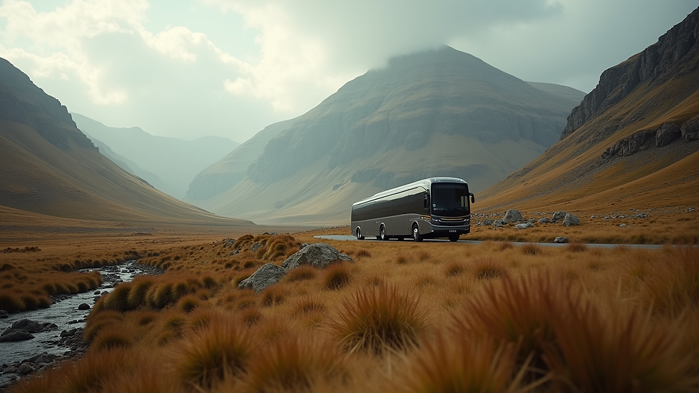 Wide angle view of a luxury coach traveling through the Scottish Highlands