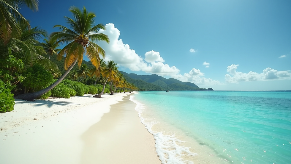 Wide angle view of a pristine Caribbean beach with turquoise water and white sand