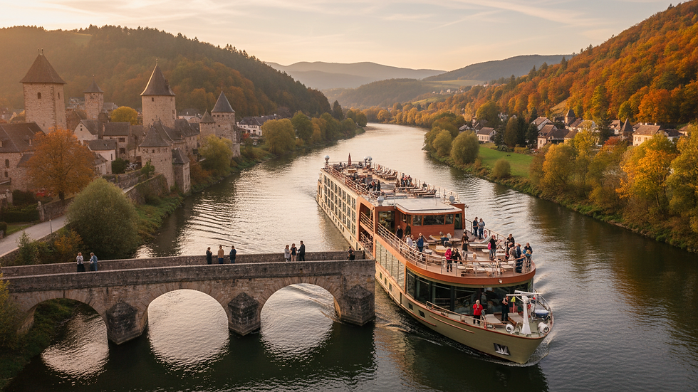 Wide angle view of a luxury river cruise ship sailing through a European river