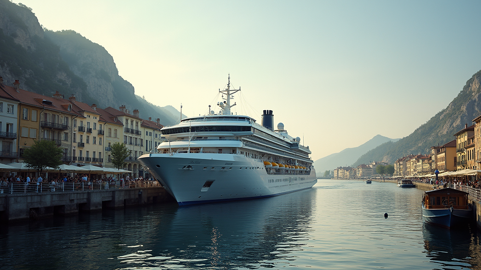 Eye-level view of a luxury river cruise ship docked at a European port