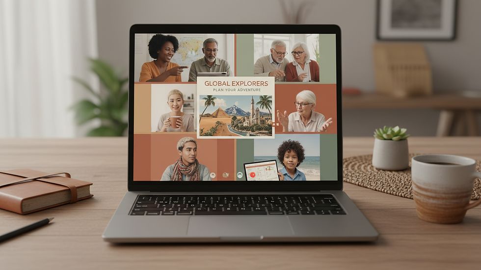 Eye-level view of a laptop screen showing a virtual travel planning session