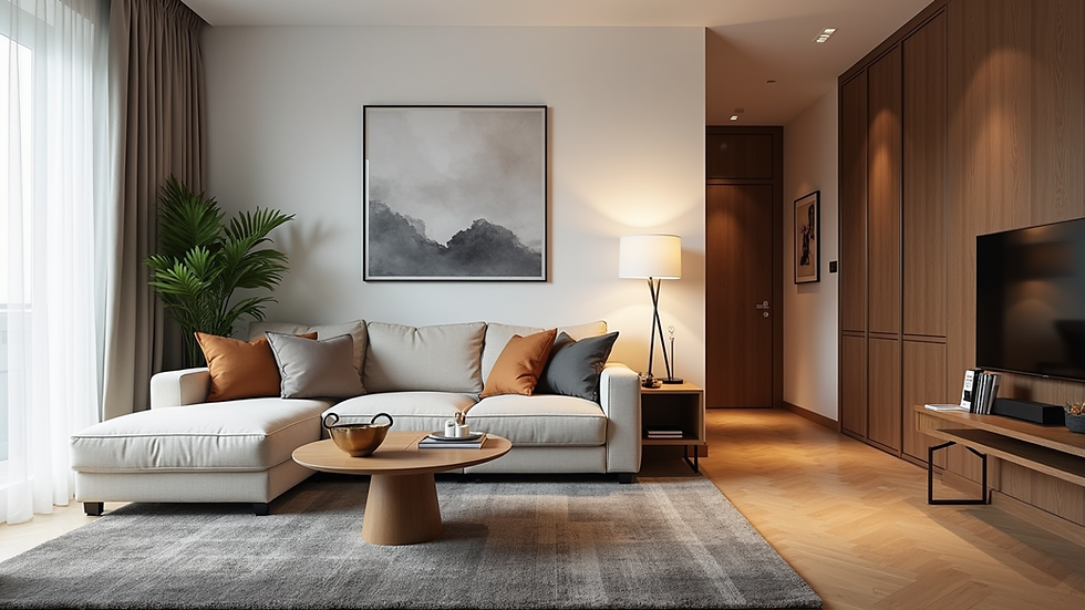 High angle view of furnished apartment with modern decor