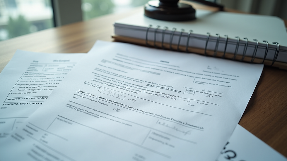 High angle view of various insurance claim papers