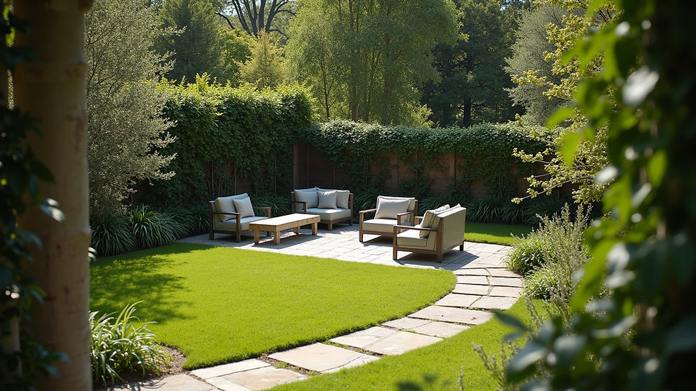 High angle view of a quiet garden with seating arrangement