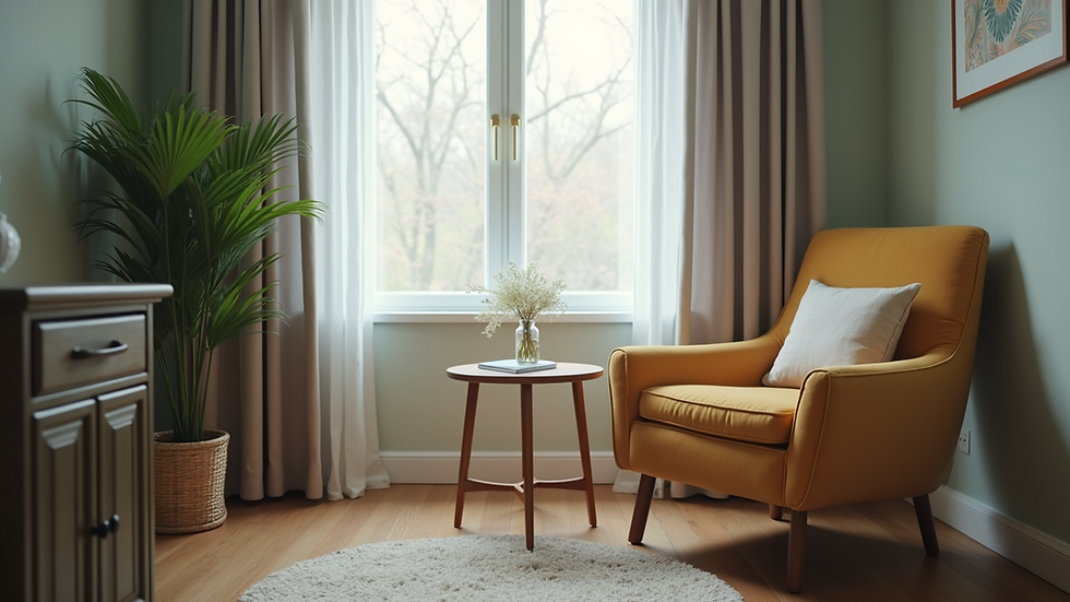 Eye-level view of a therapist's office with a cozy chair and a small table