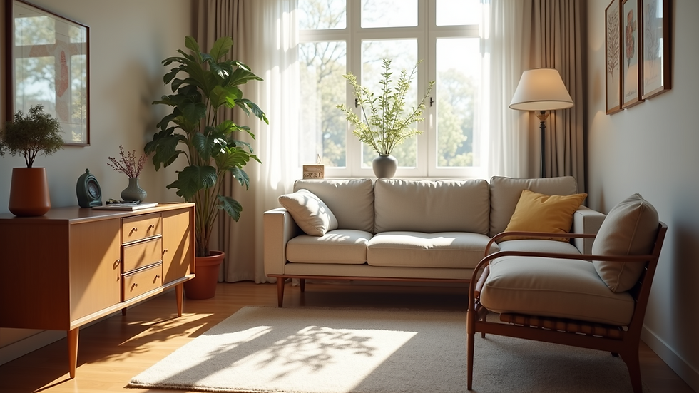 Eye-level view of a cozy therapy office with a comfortable couch