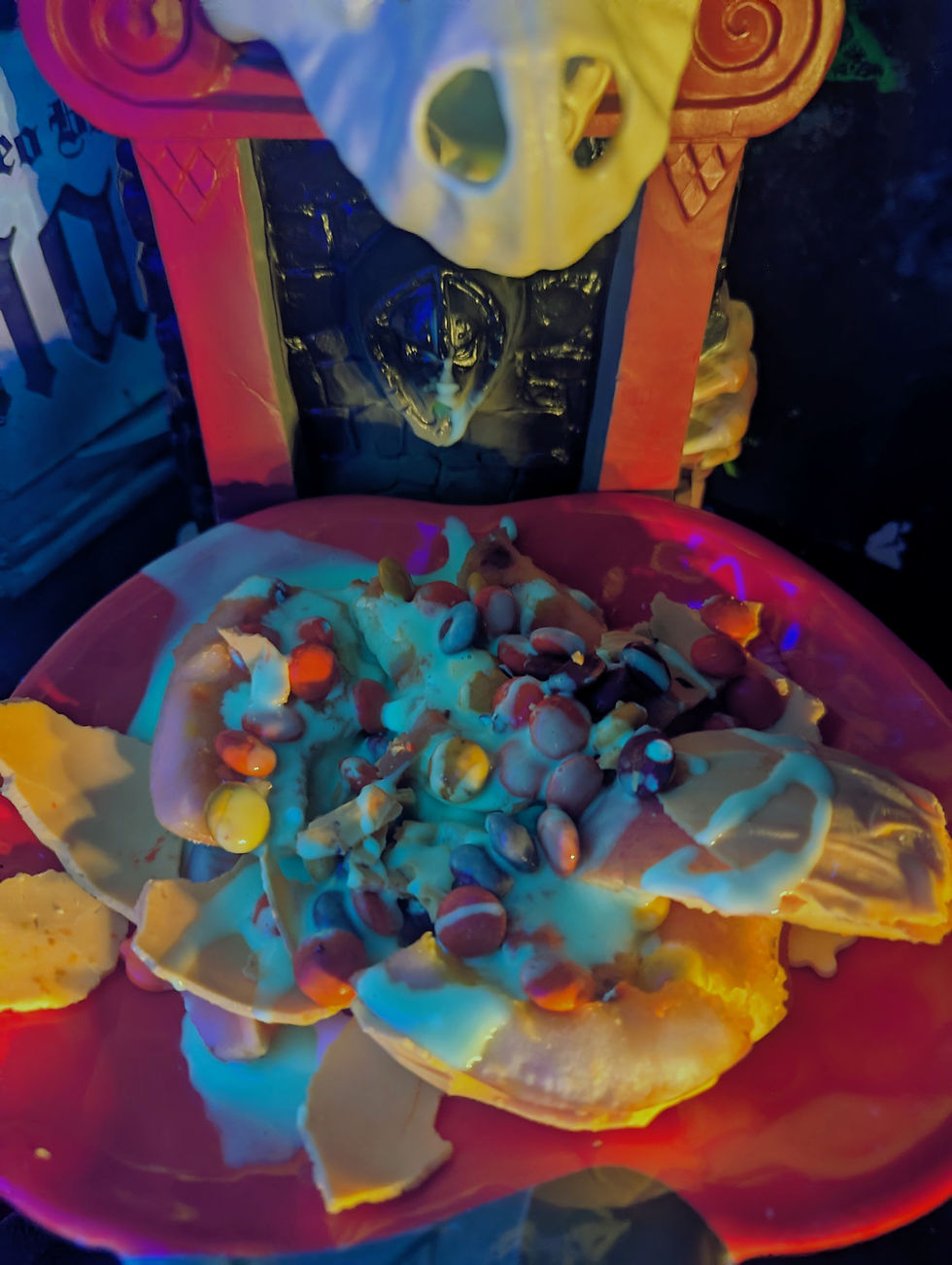 Vintage Slime Pit used to dispense spooky sauce. Displayed with a smashed Jack-O-Apple. Great for Halloween parties