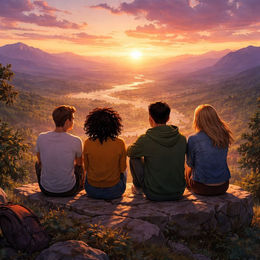 Four people sit together on a cliffside at sunset, overlooking a scenic view.