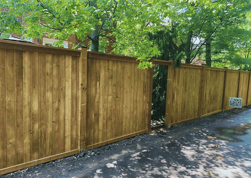 Wooden fence under green trees with sunlight filtering through. A sign reads "Fence & Decks" with a phone number. Peaceful setting.