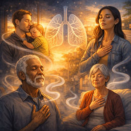 People meditating with closed eyes, surrounded by glowing lung illustration and swirling light. 